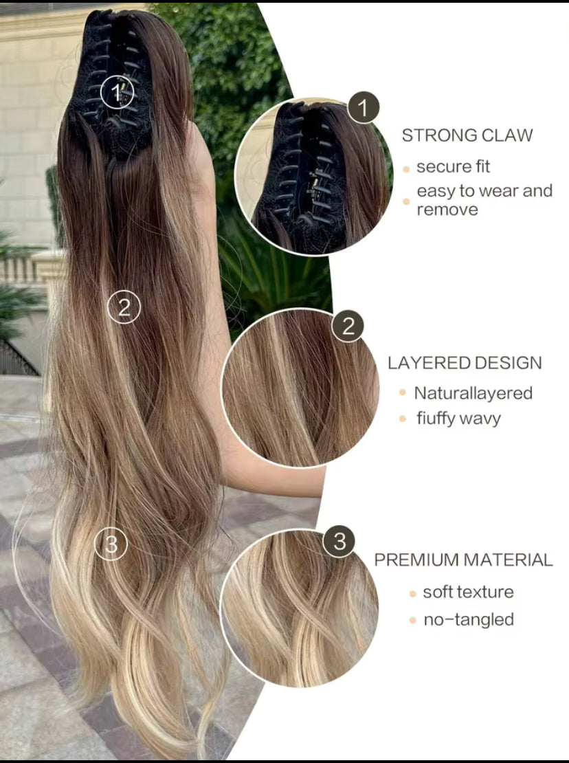 Claw-Pferdeschwanz-Verlängerung, welliges lockiges Haarteil, 24 Zoll lang, natürliche Wellen, hitzebeständige synthetische Faser, Haar-Accessoire.