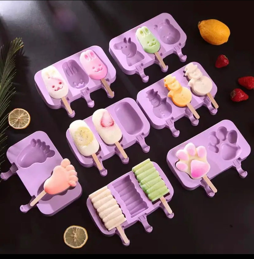 Silicone Ice Cream Mold with Lid, Siamese Popsicle Molds, DIY Homemade Ice Lolly, Cute Cartoon Picture, Handmade Kitchen Tools
