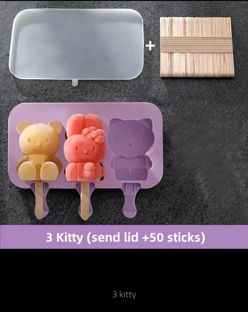 Silicone Ice Cream Mold with Lid, Siamese Popsicle Molds, DIY Homemade Ice Lolly, Cute Cartoon Picture, Handmade Kitchen Tools