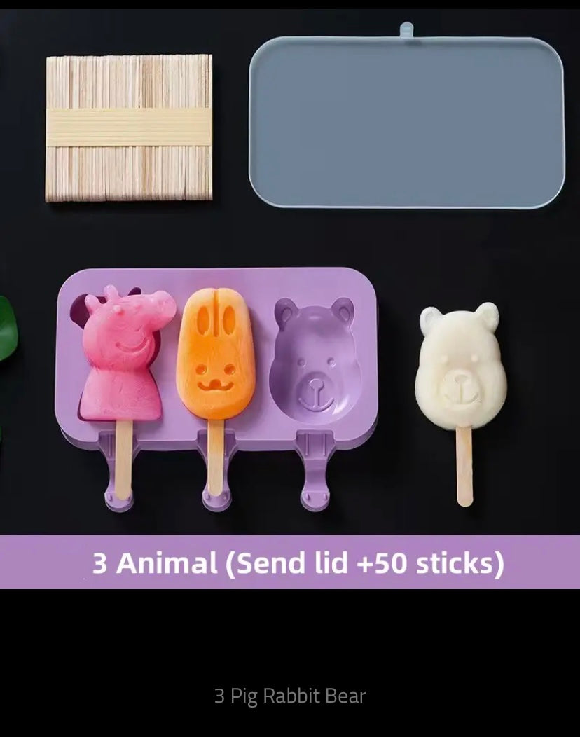 Silicone Ice Cream Mold with Lid, Siamese Popsicle Molds, DIY Homemade Ice Lolly, Cute Cartoon Picture, Handmade Kitchen Tools