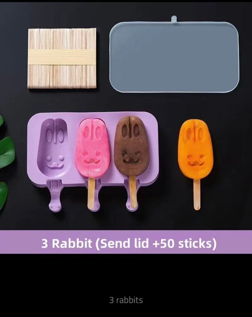 Silicone Ice Cream Mold with Lid, Siamese Popsicle Molds, DIY Homemade Ice Lolly, Cute Cartoon Picture, Handmade Kitchen Tools
