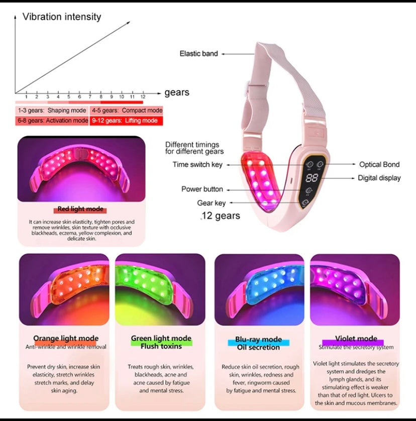 LED Photon Therapy Facial Lifting Device, Slimming, Vibration, Massager, Heated, Double Chin, V Face