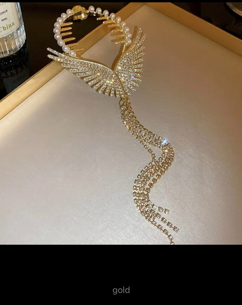 Imitation Pearl Rhinestone Tassel Chain, Angel Wings Hair Clip, Ponytail Buckle, Women's Hair Clips, Card Hair Accessories