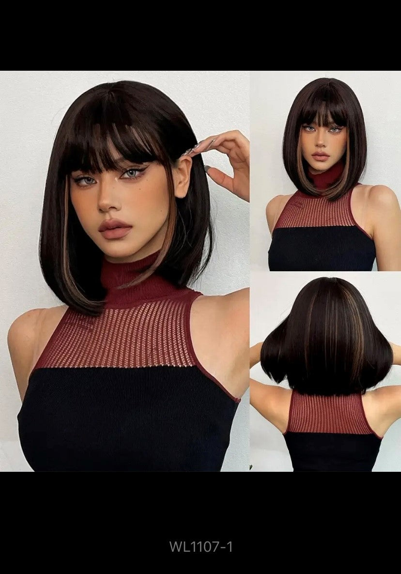 Honey brown short bob wig with breakout Heat resistant synthetic wig, elegant look