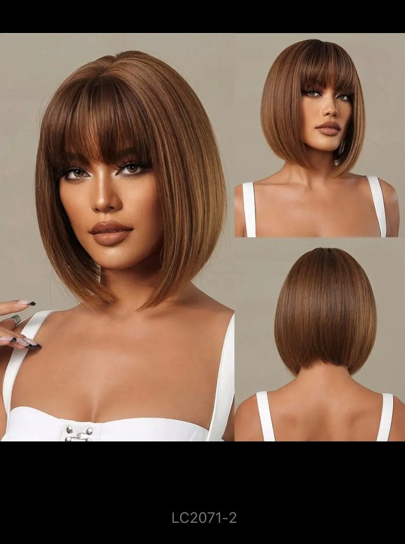 Honey brown short bob wig with breakout Heat resistant synthetic wig, elegant look