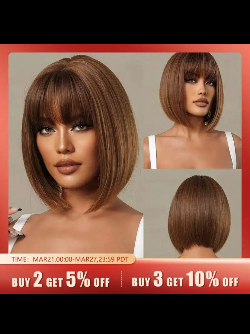 Honey brown short bob wig with breakout Heat resistant synthetic wig, elegant look