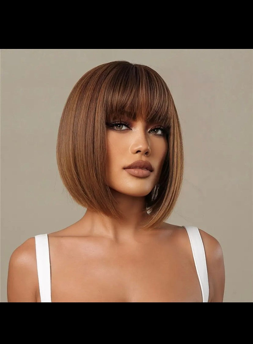 Honey brown short bob wig with breakout Heat resistant synthetic wig, elegant look