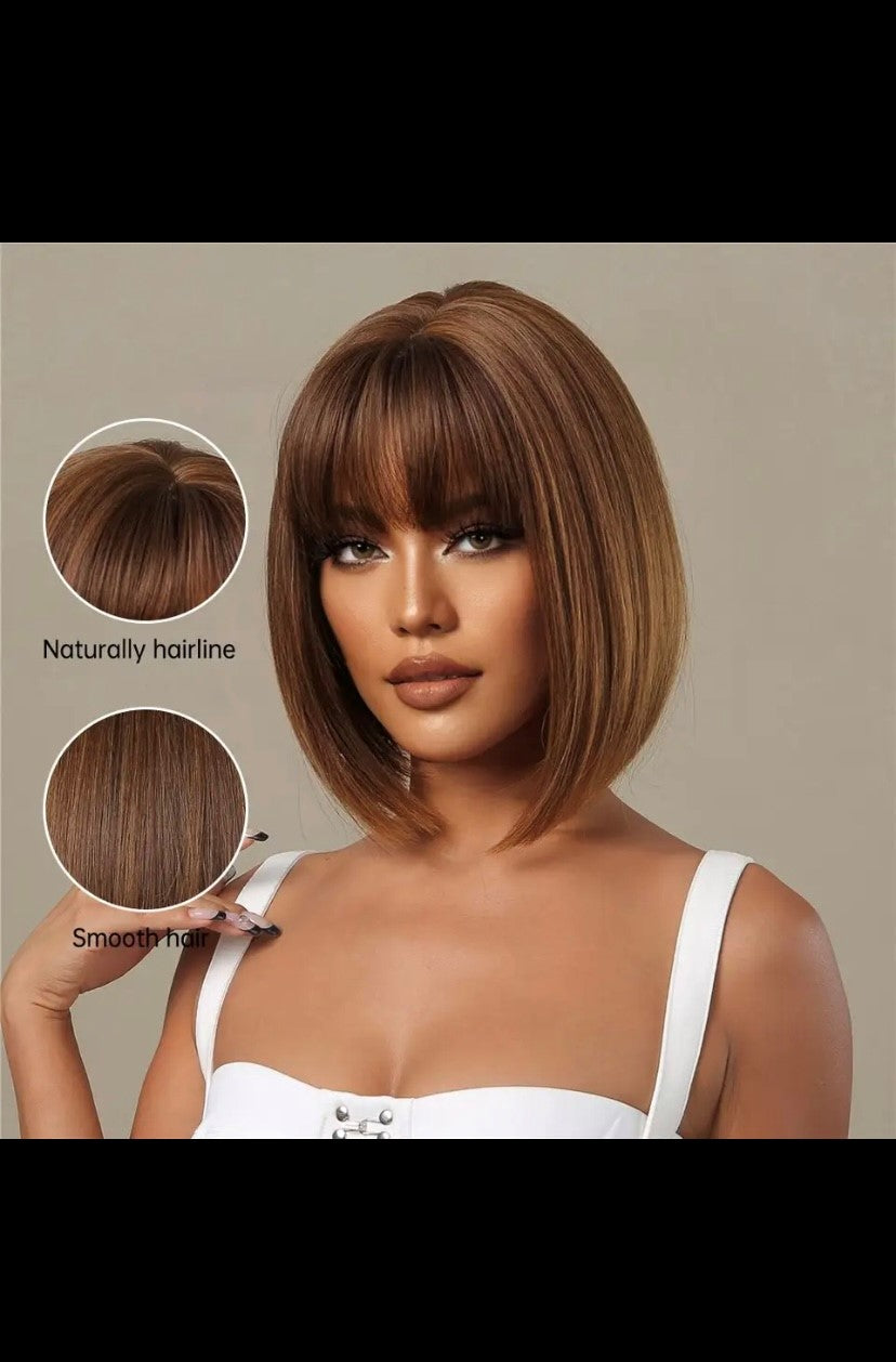 Honey brown short bob wig with breakout Heat resistant synthetic wig, elegant look