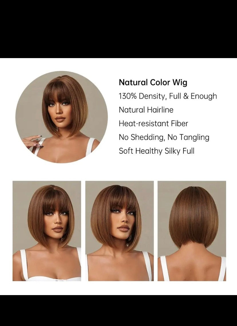 Honey brown short bob wig with breakout Heat resistant synthetic wig, elegant look