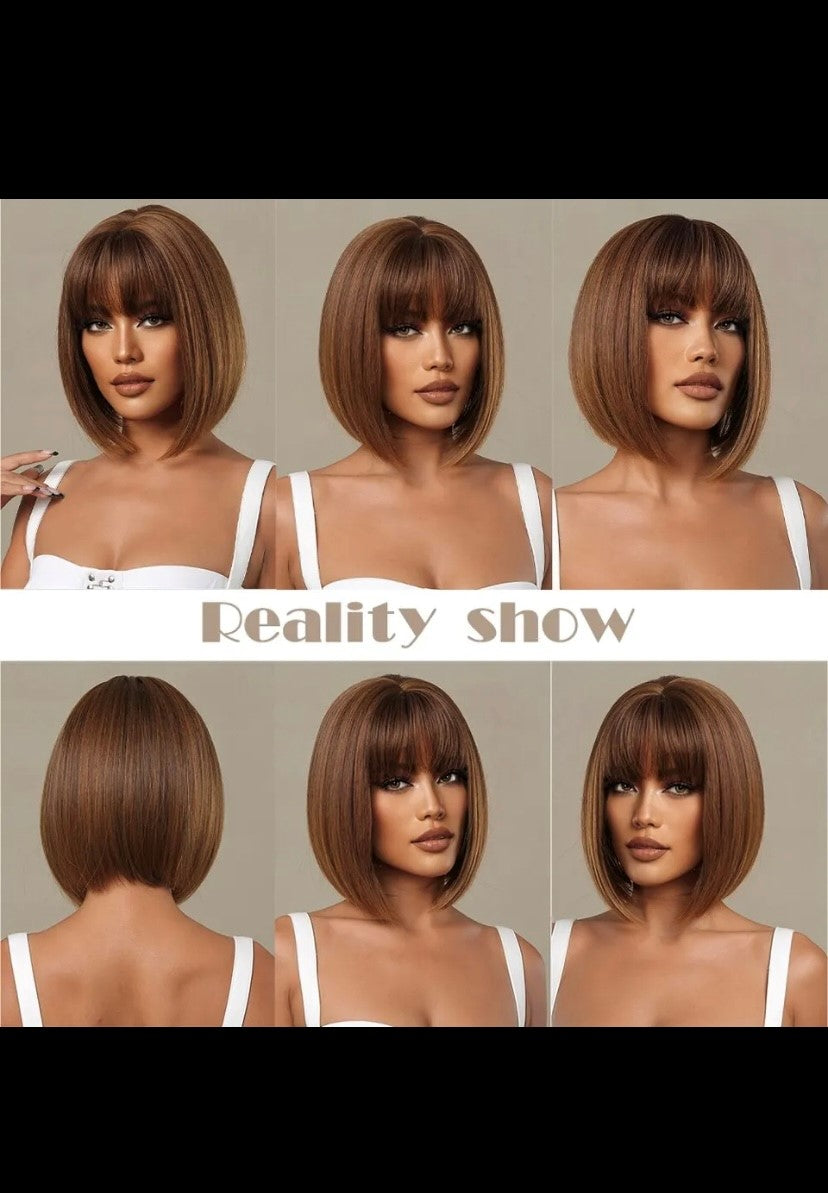 Honey brown short bob wig with breakout Heat resistant synthetic wig, elegant look