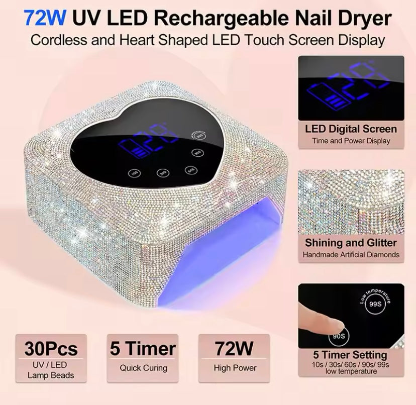 Rechargeable UV LED Nail Lamp, Wireless UV Light for Rhinestone Nails, Heart Shape, Manicure, Pedicure Machine, Nail Tools, 72W